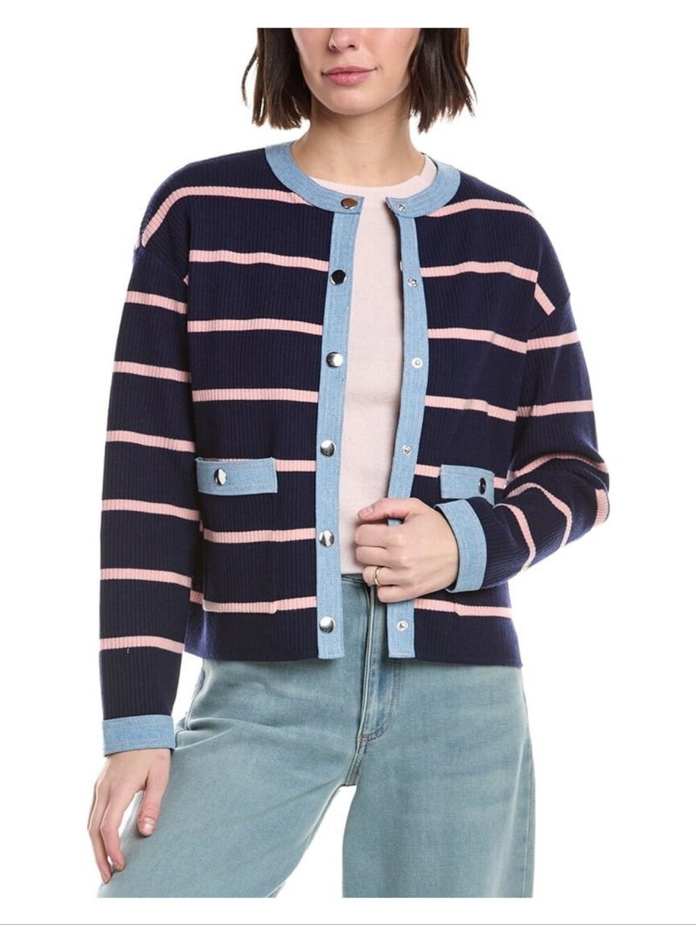 NWT " Nanette Lepore" Denim Trim Stripe Ribbed Cardigan Woman's Size Large